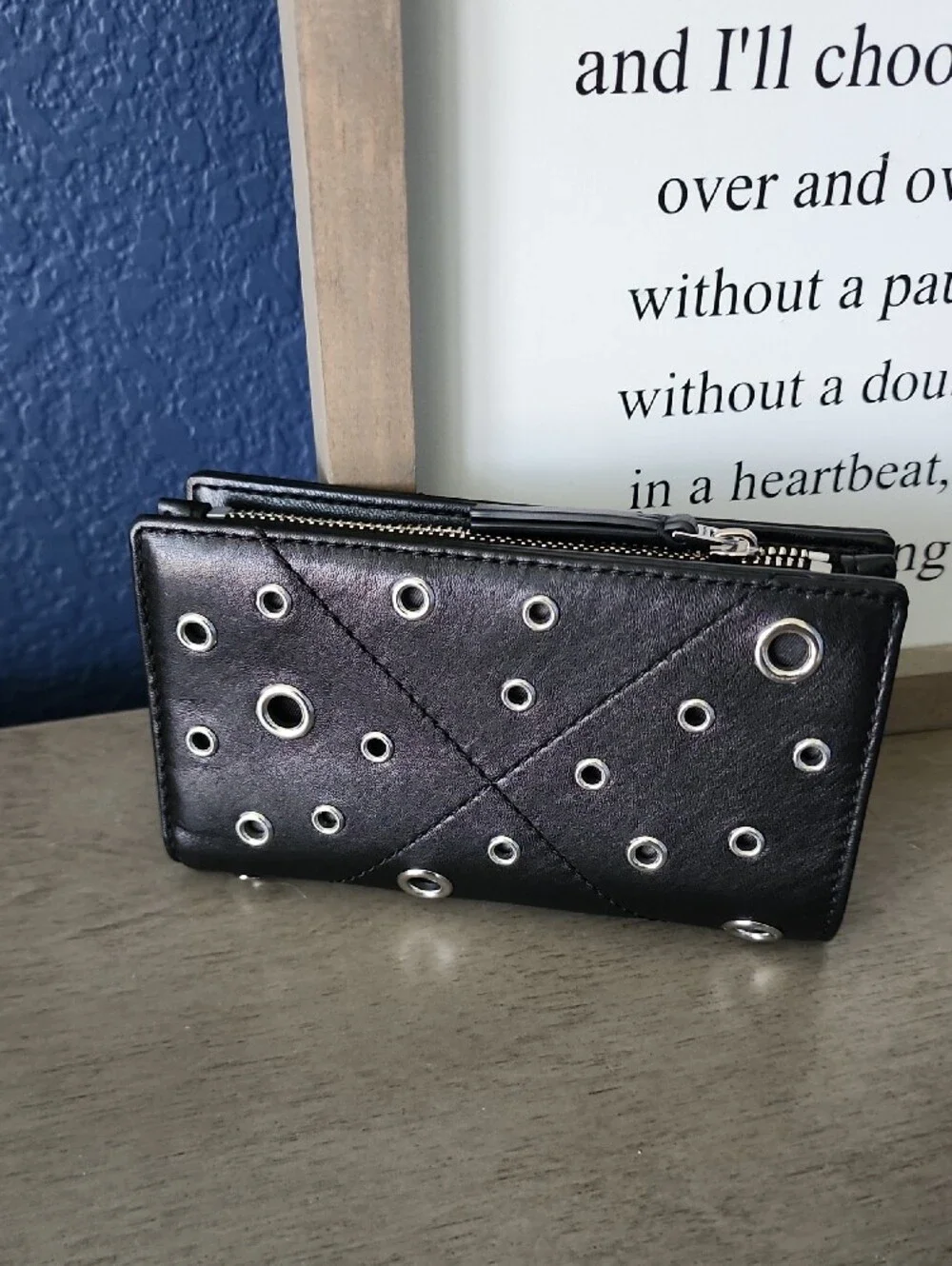Tory Burch Black Leather Grommet Wallet with Silver Hardware